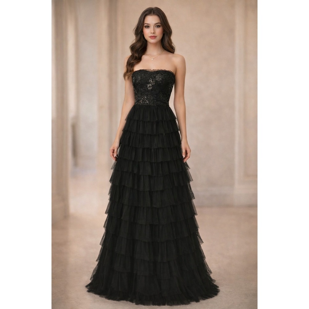 Vtg Masquerade All Black Tiered Ruffle Lace Sequined Strapless Long Dress SZ 5/6